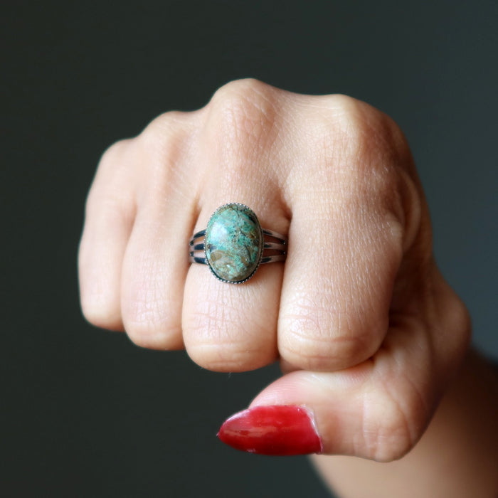 chrysocolla oval ring in gunmetal
