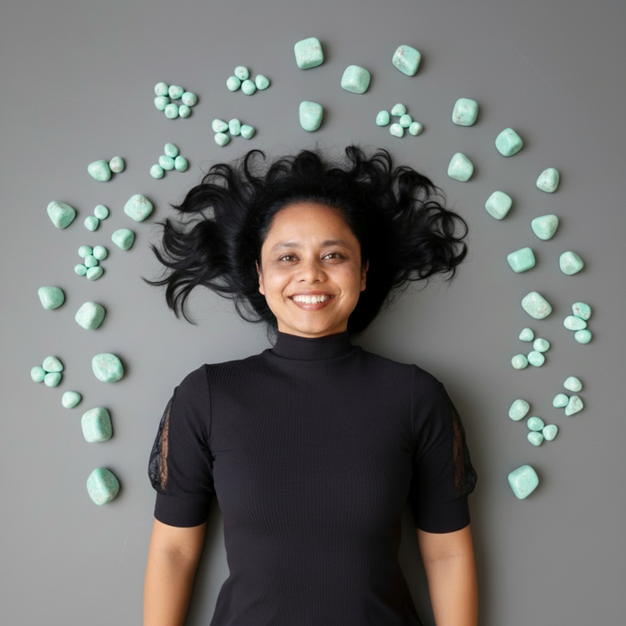 Woman with black hair and a black top surrounded by green stones on a gray background