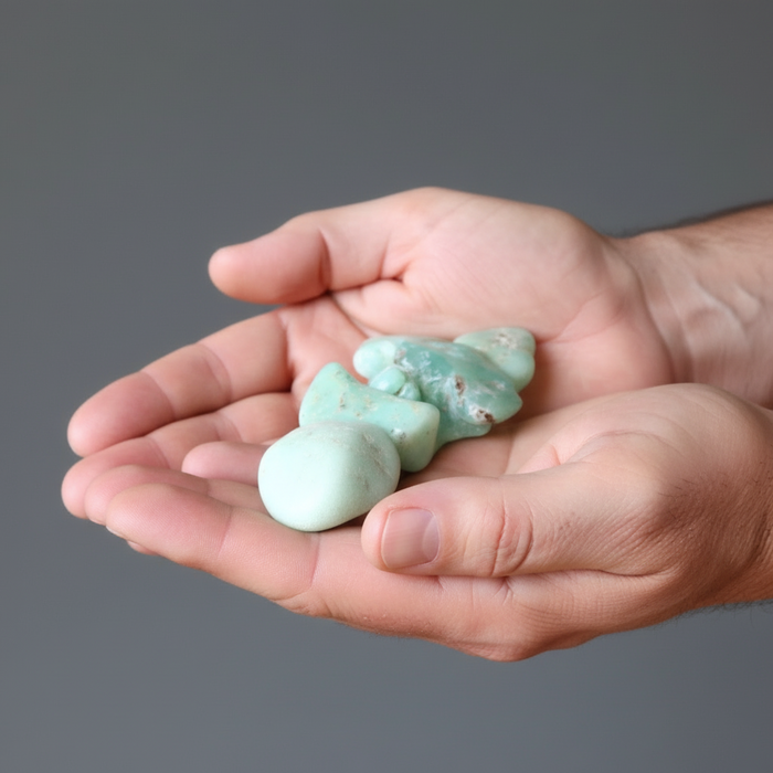 Hand holding amazonite stones against a gray background