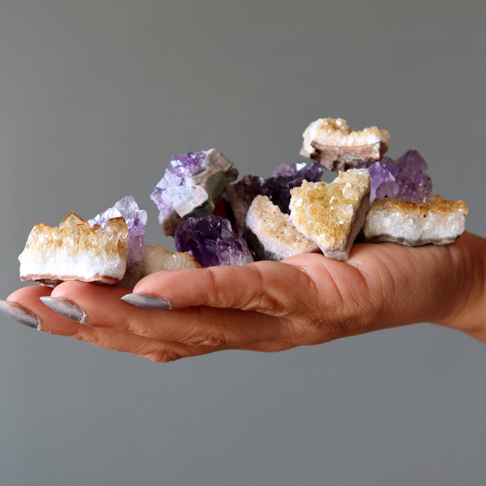 Citrine Amethyst Cluster Bundle of 12 Yellow Purple Crystals