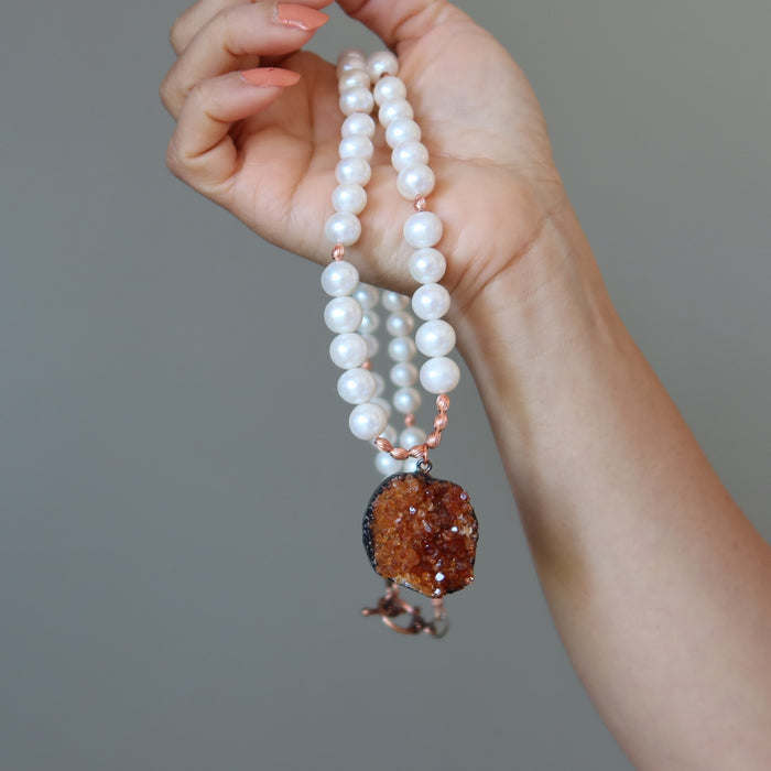 Citrine Necklace Lustrous Luxury White Pearl & Orange Gem