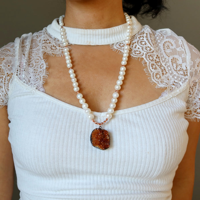 Citrine Necklace Lustrous Luxury White Pearl & Orange Gem