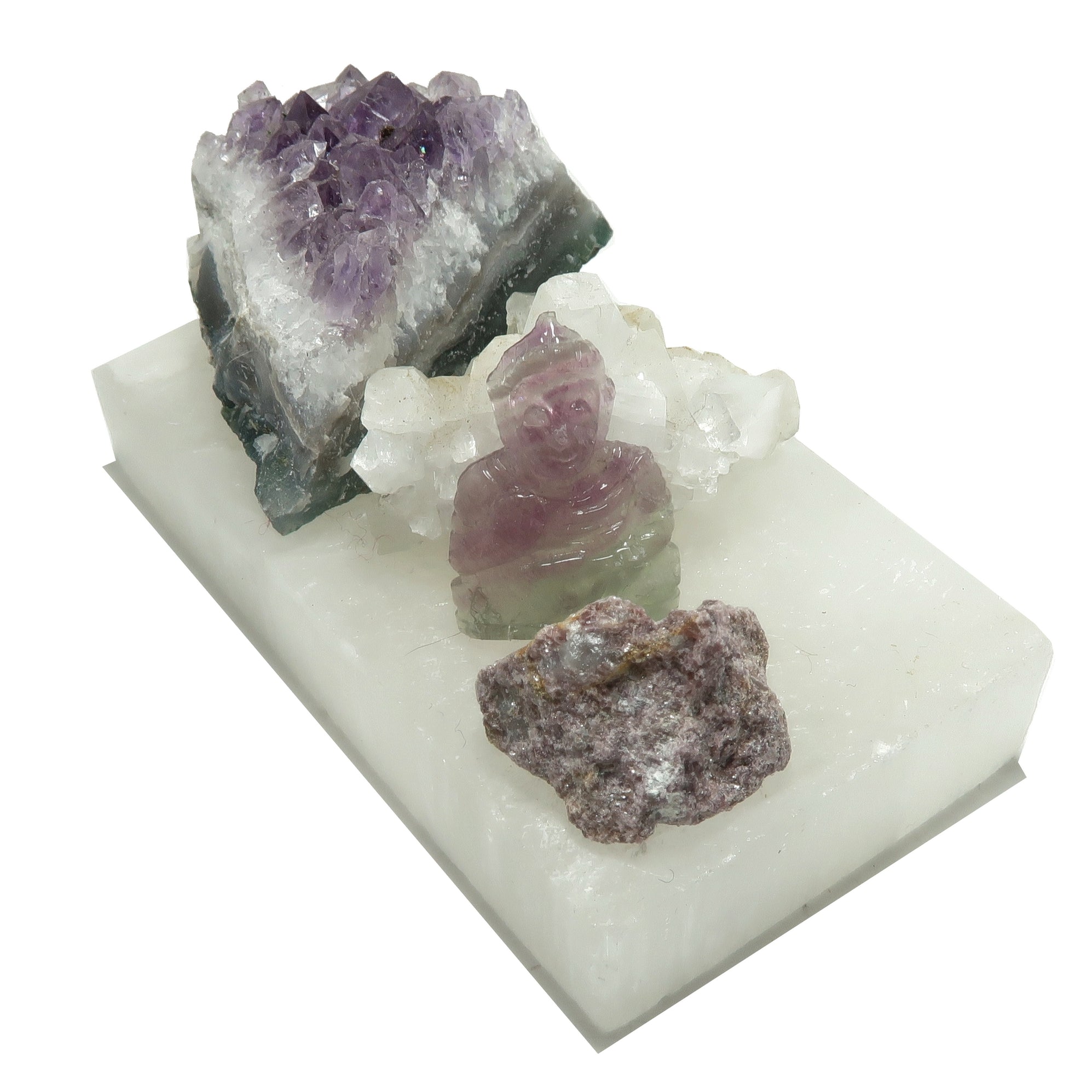 Spiritual Set: Buddha & Crown Chakra Stones on Selenite Charger — Satin ...