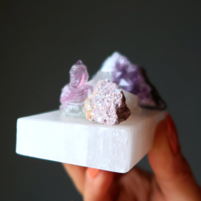 Spiritual Set: Buddha & Crown Chakra Stones on Selenite Charger