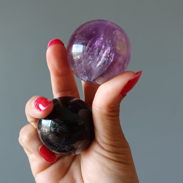Crystal Sphere Set Amethyst Smoky Quartz Purple Black Balls