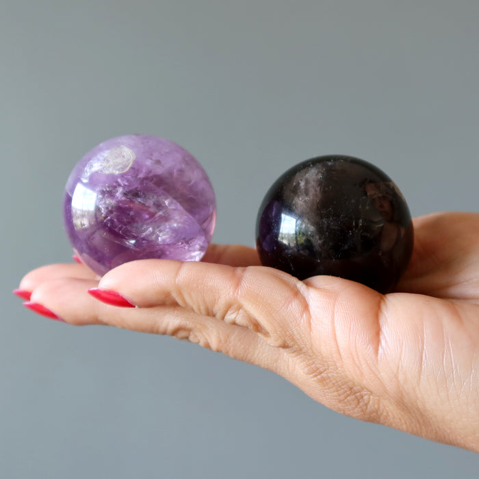 Crystal Sphere Set Amethyst Smoky Quartz Purple Black Balls
