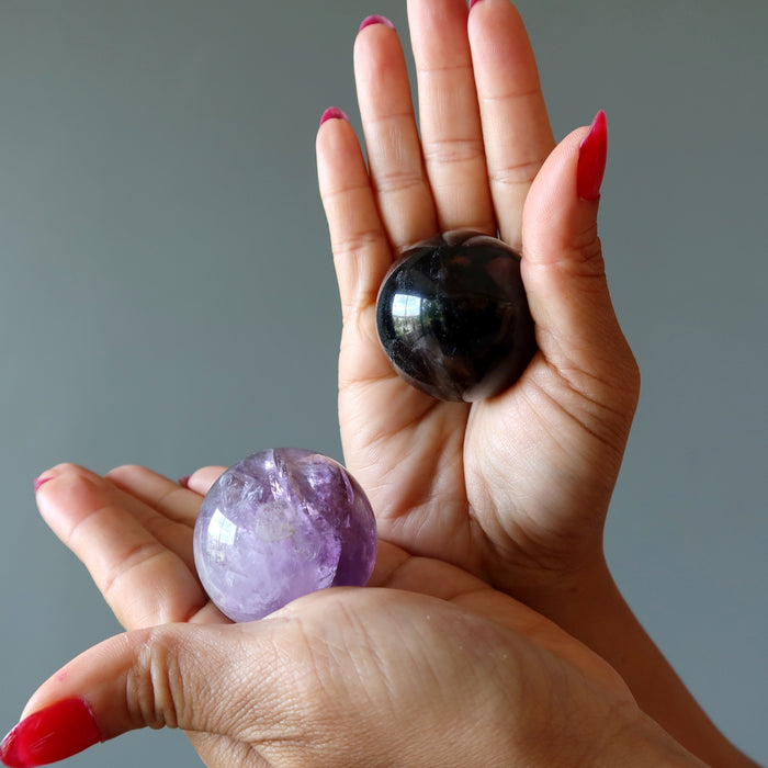 Crystal Sphere Set Amethyst Smoky Quartz Purple Black Balls