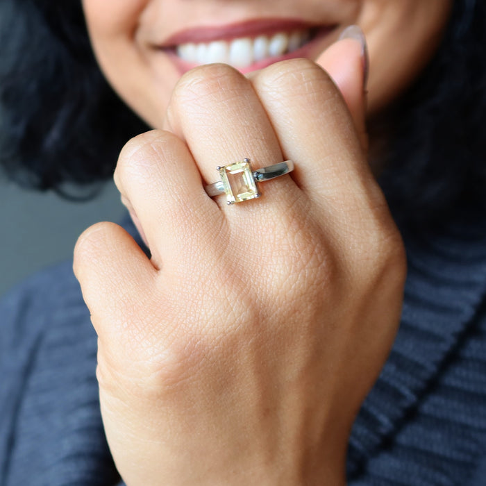 Citrine Ring Faceted Rectangle Money Gem White Bronze