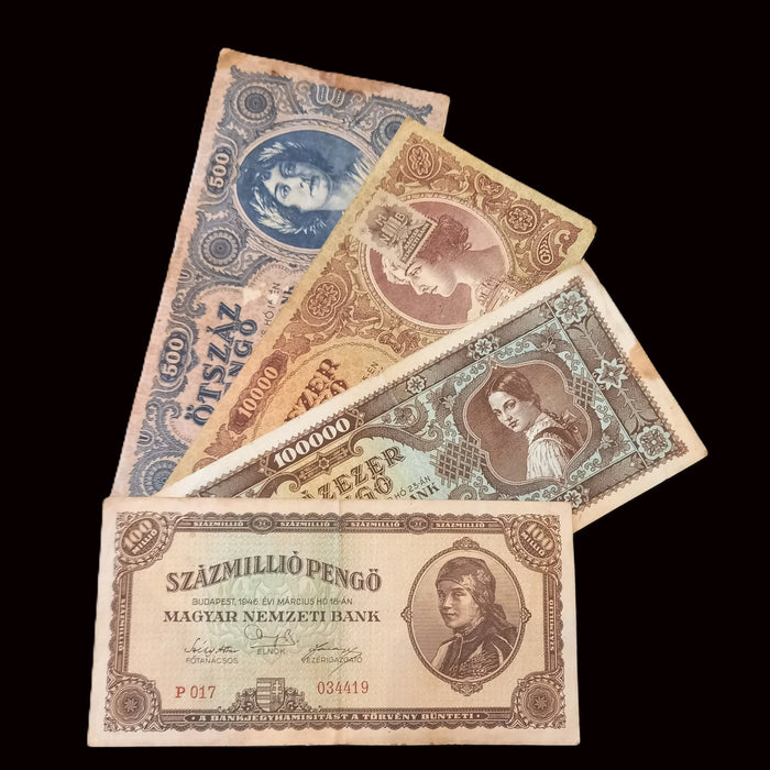 Vintage Banknote Set 1945-46 Hungary Pengő 4pc Rare Error, Stamp 047047 WWII Money