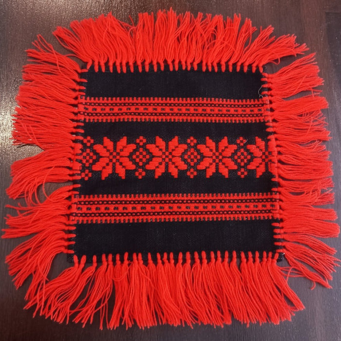 Vintage Hungarian Folk Art Doily Red Black Star Fringe Bohemian Handmade 1960s