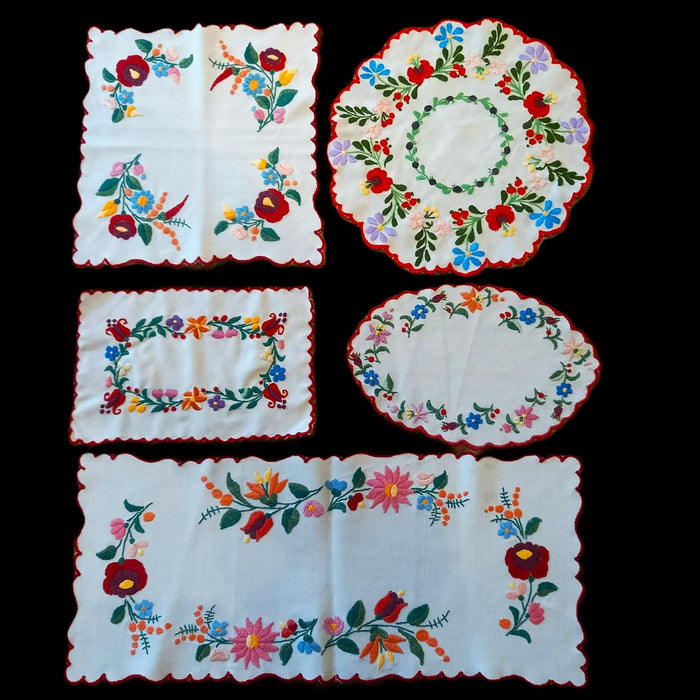 Vintage Hungarian Kalocsa Table Linen 5pc Set Hand Embroidered Runner Doilies Mats 1970s