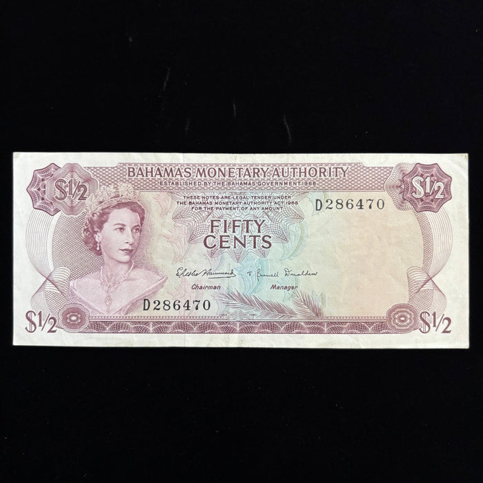 Vintage Banknote 1968 Bahamas 50 Cents Queen Elizabeth II  Caribbean Watermark