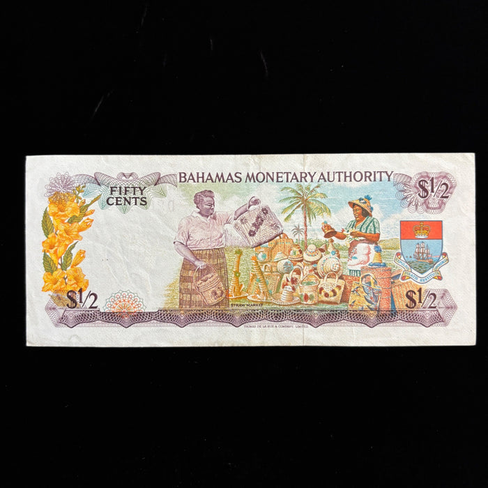 Vintage Banknote 1968 Bahamas 50 Cents Queen Elizabeth II  Caribbean Watermark