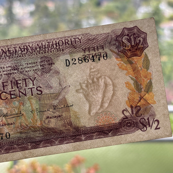 Vintage Banknote 1968 Bahamas 50 Cents Queen Elizabeth II  Caribbean Watermark