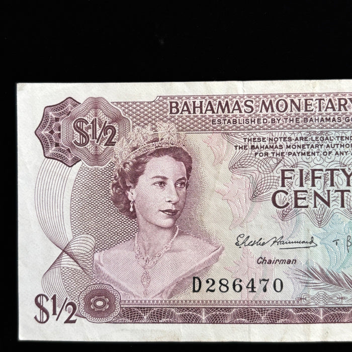 Vintage Banknote 1968 Bahamas 50 Cents Queen Elizabeth II  Caribbean Watermark