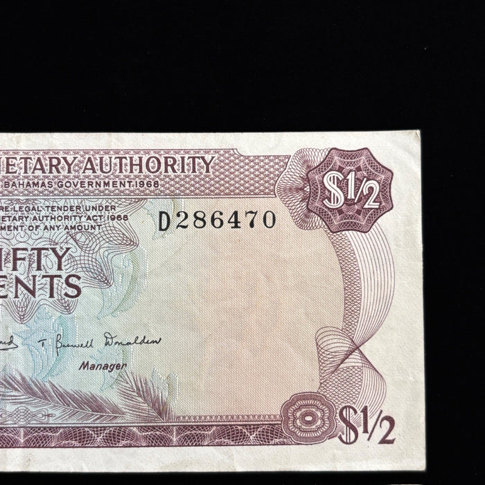 Vintage Banknote 1968 Bahamas 50 Cents Queen Elizabeth II  Caribbean Watermark