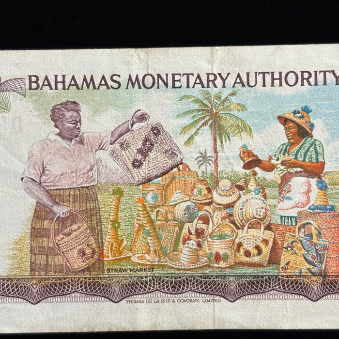 Vintage Banknote 1968 Bahamas 50 Cents Queen Elizabeth II  Caribbean Watermark