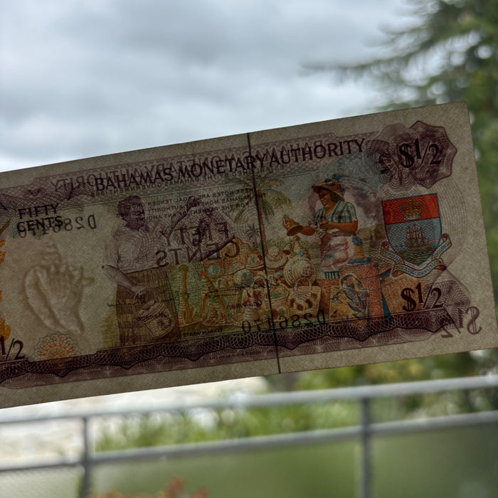 Vintage Banknote 1968 Bahamas 50 Cents Queen Elizabeth II  Caribbean Watermark