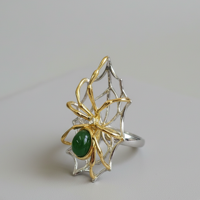 Jade Ring Gold Spider Web of Dreams Sterling Silver Size 7