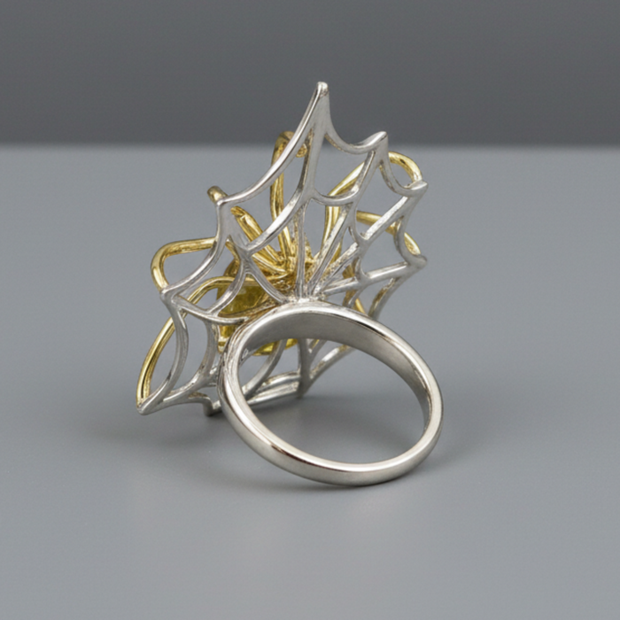 Jade Ring Gold Spider Web of Dreams Sterling Silver Size 7