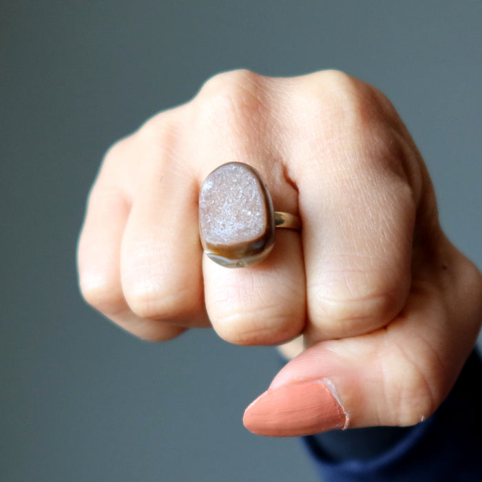 Druzy Quartz Ring Sparkling Strong Style Agate on Gold Size 8-9