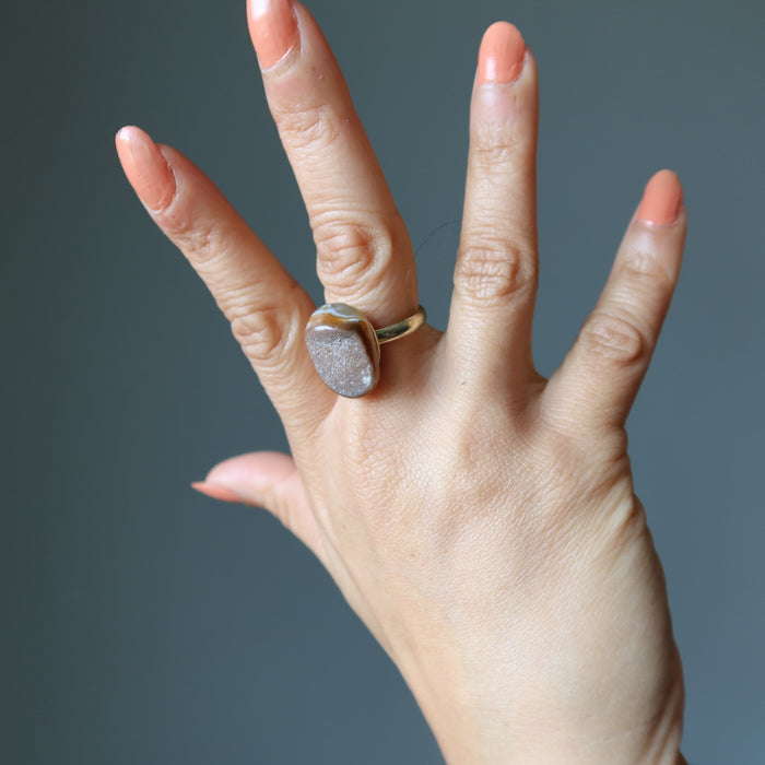 Druzy Quartz Ring Sparkling Strong Style Agate on Gold Size 8-9