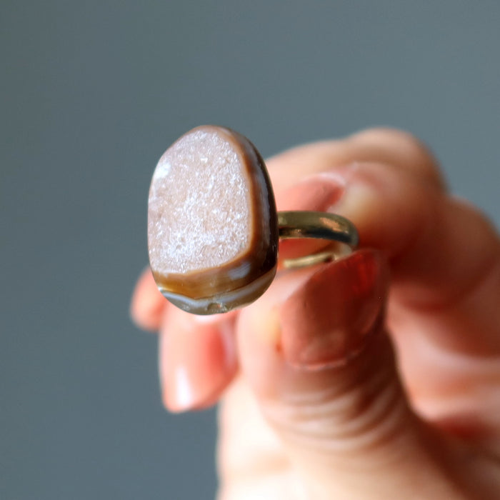 Druzy Quartz Ring Sparkling Strong Style Agate on Gold Size 8-9