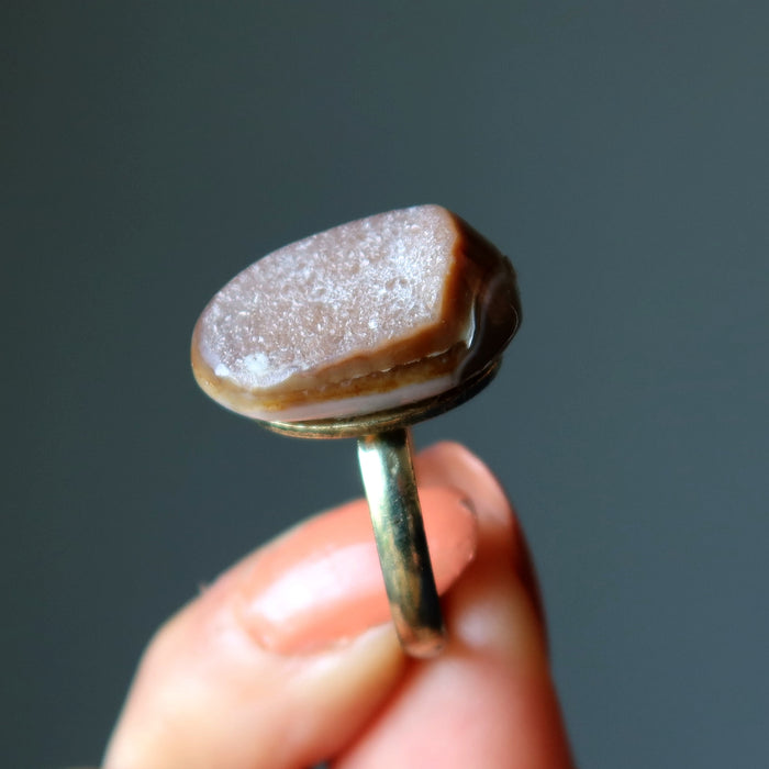 Druzy Quartz Ring Sparkling Strong Style Agate on Gold Size 8-9