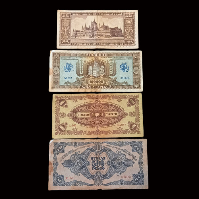 Vintage Banknote Set 1945-46 Hungary Pengő 4pc Rare Error, Stamp 047047 WWII Money