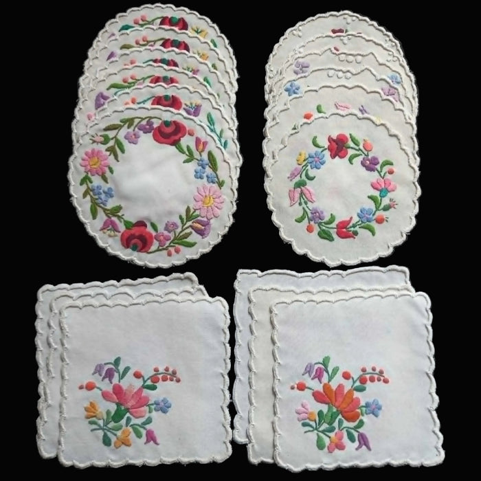Vintage Hungarian Kalocsa Doily 18pc Set Hand Embroidered Floral Cottage Table Decor 1970s