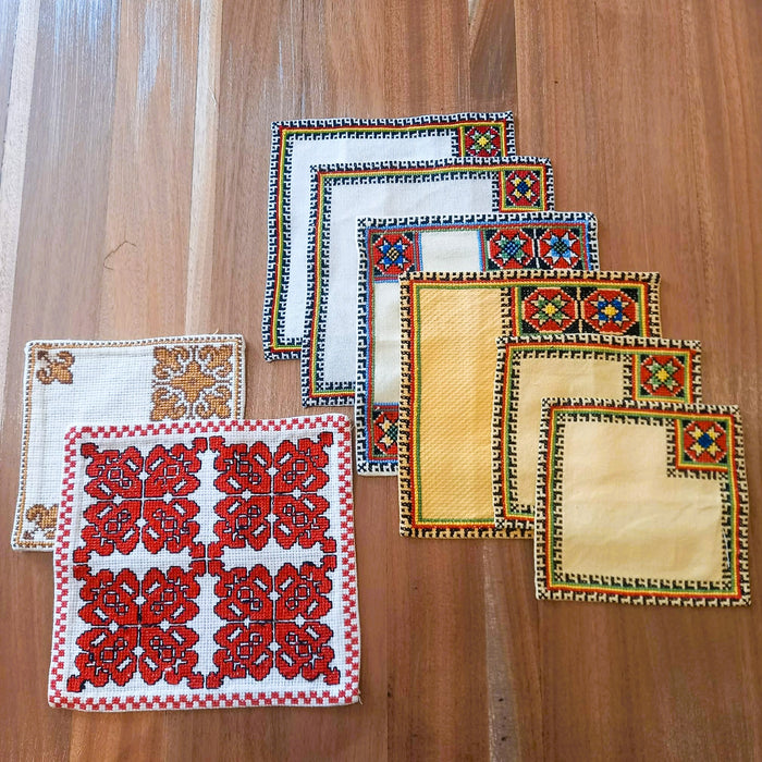 Vintage Hungarian Bereg Folk Art 8pc Set Rustic Farmhouse Geometric Cross-Stitch Mat Doilies 1960s
