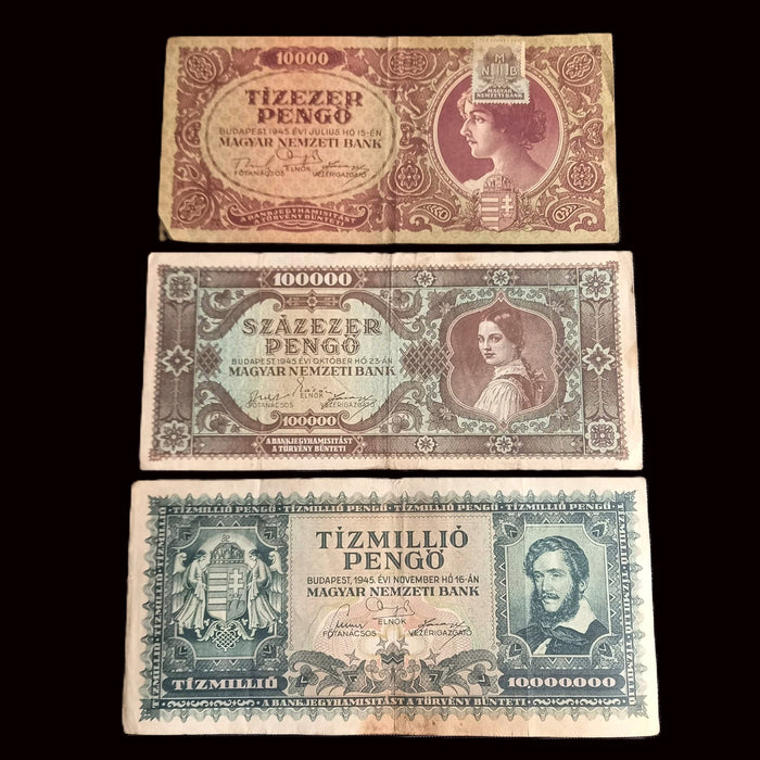 Vintage Banknote 1945 Hungary 10K Stamped, 100K, 10M Pengő Currency Progression Set