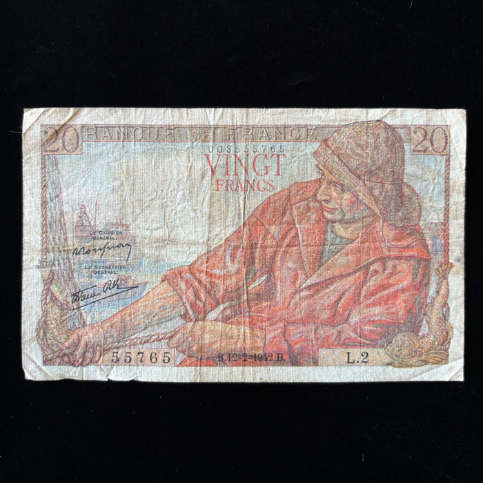 Vintage Banknote 1942 France 20 Francs Artistic Breton Child Fisherman Currency