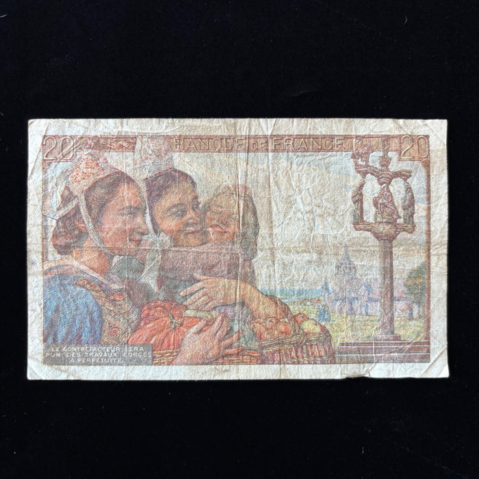 Vintage Banknote 1942 France 20 Francs Artistic Breton Child Fisherman Currency