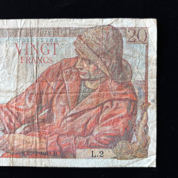 Vintage Banknote 1942 France 20 Francs Artistic Breton Child Fisherman Currency