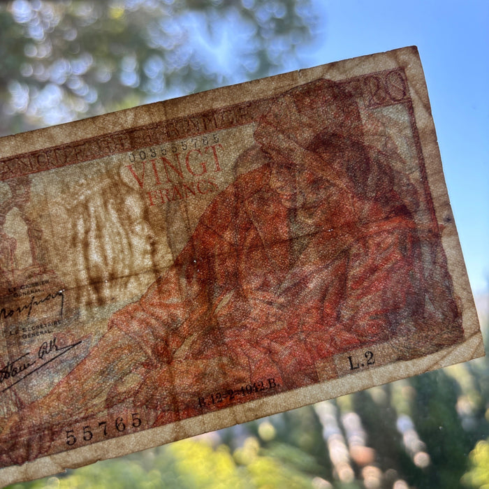 Vintage Banknote 1942 France 20 Francs Artistic Breton Child Fisherman Currency