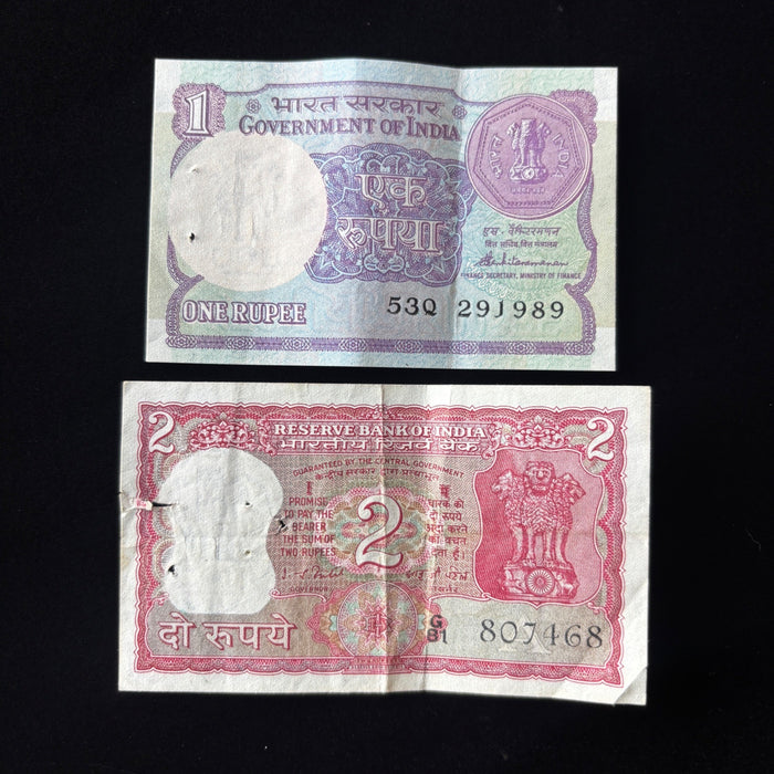 Vintage Banknote Lot India 1, 2 Rupees Pair Old Currency Lion Watermark Lot