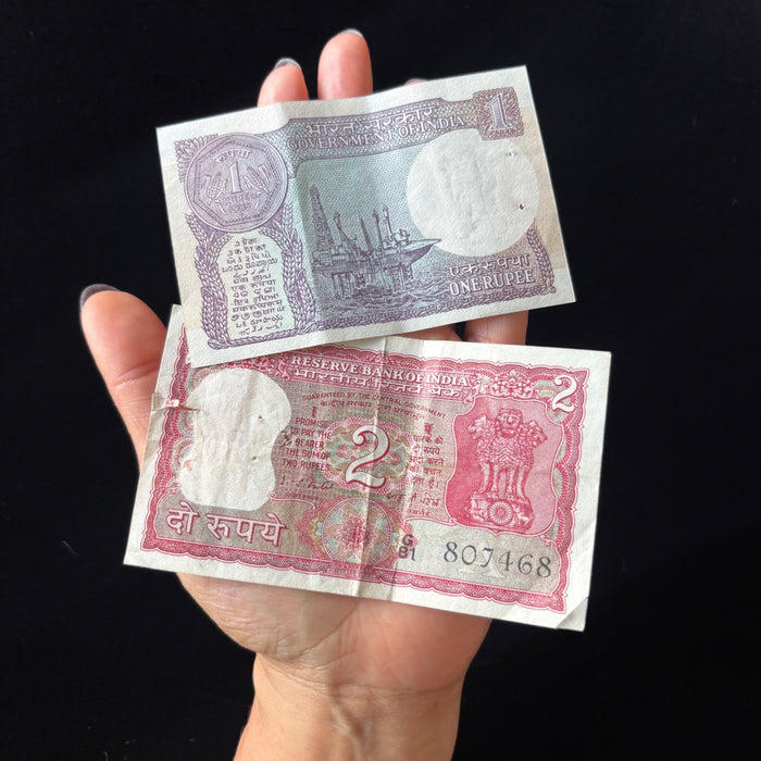 Vintage Banknote Lot India 1, 2 Rupees Pair Old Currency Lion Watermark Lot