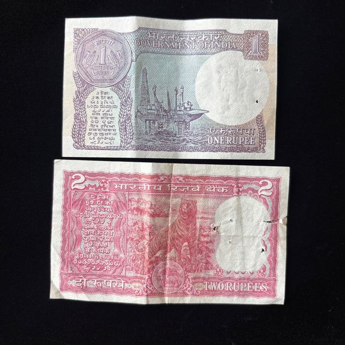 Vintage Banknote Lot India 1, 2 Rupees Pair Old Currency Lion Watermark Lot