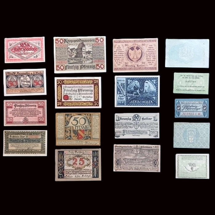 Antique Banknote Notgeld 17pc Collector Set 1917-21 Germany Austria WWI Emergency Paper Art