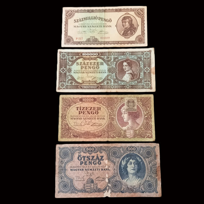 Vintage Banknote Set 1945-46 Hungary Pengő 4pc Rare Error, Stamp 047047 WWII Money