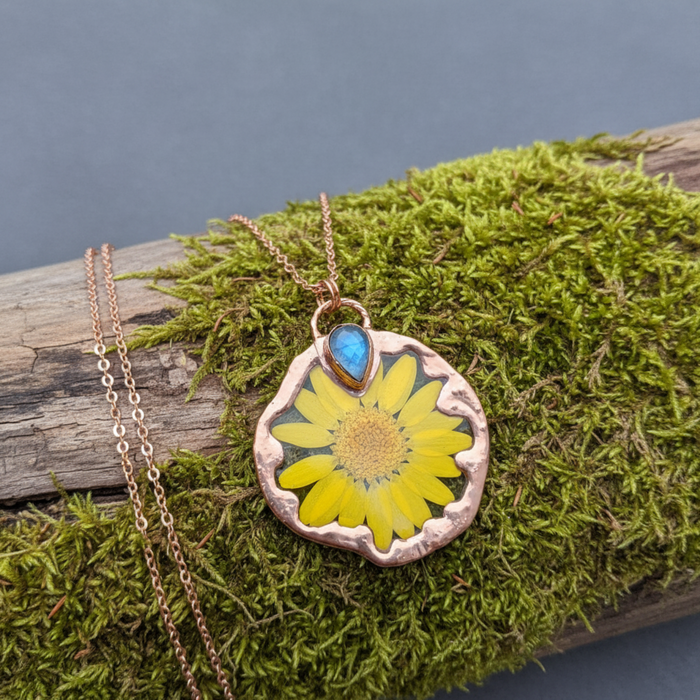 Rainbow Moonstone Necklace Cheerful Yellow Flower