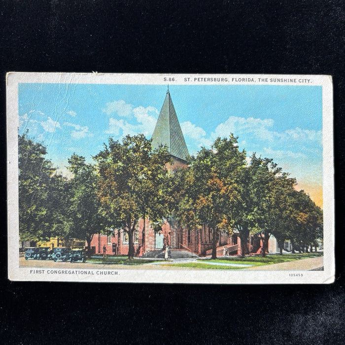 Antique Postcard 1925 St Petersburg FL First Congregational Church Cars People