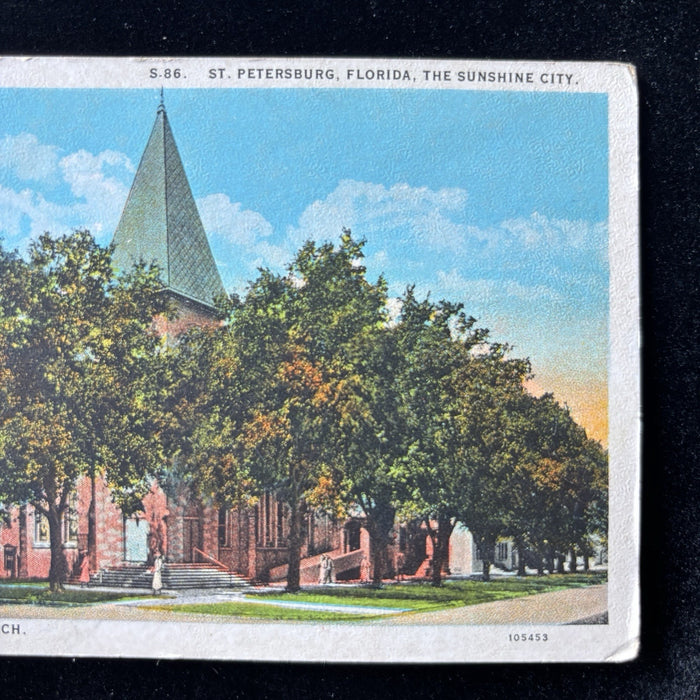 Antique Postcard 1925 St Petersburg FL First Congregational Church Cars People