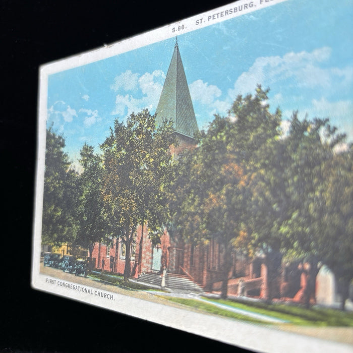 Antique Postcard 1925 St Petersburg FL First Congregational Church Cars People