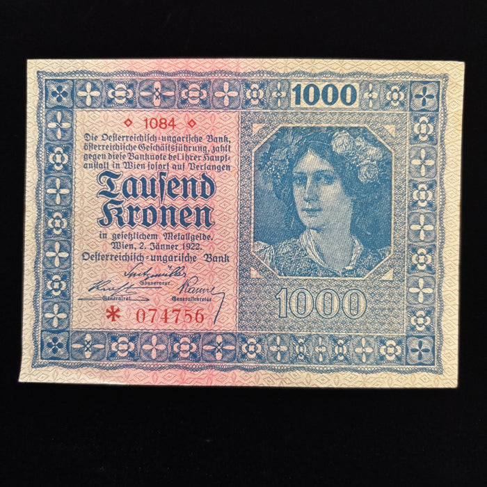 Antique Banknote 1922 Austria 1000 Kronen Inflation Kaleidoscope Mandala Lady