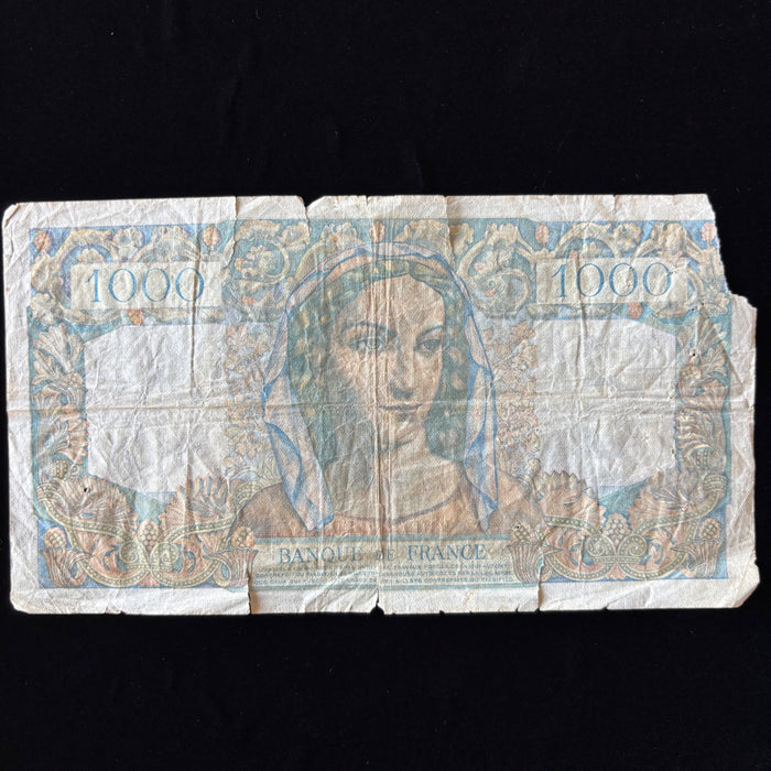 Vintage Banknote 1949 France 1000 Francs Minerve et Hercule Watermark Toploader