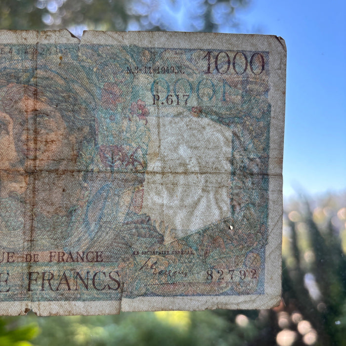 Vintage Banknote 1949 France 1000 Francs Minerve et Hercule Watermark Toploader