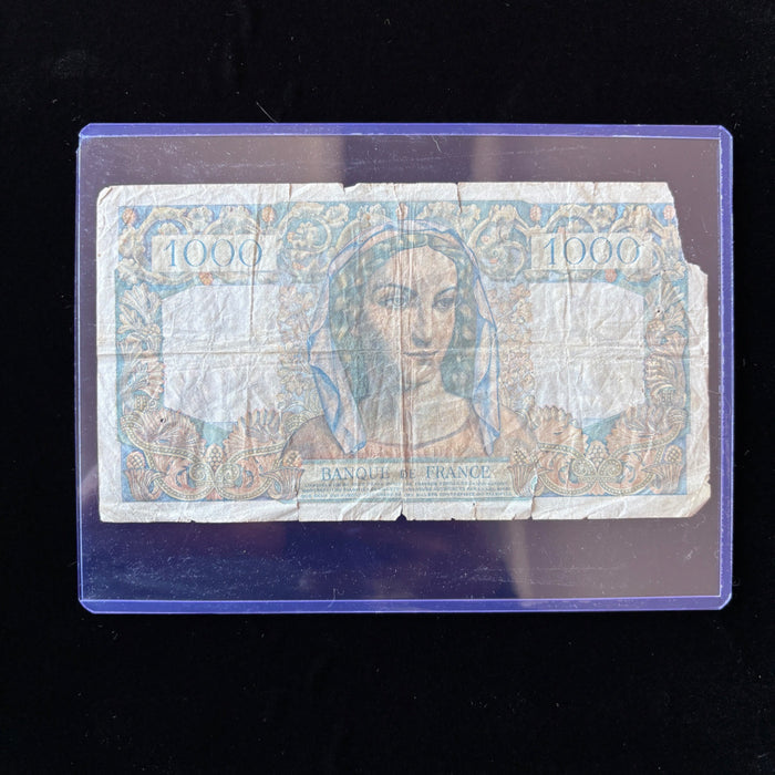 Vintage Banknote 1949 France 1000 Francs Minerve et Hercule Watermark Toploader