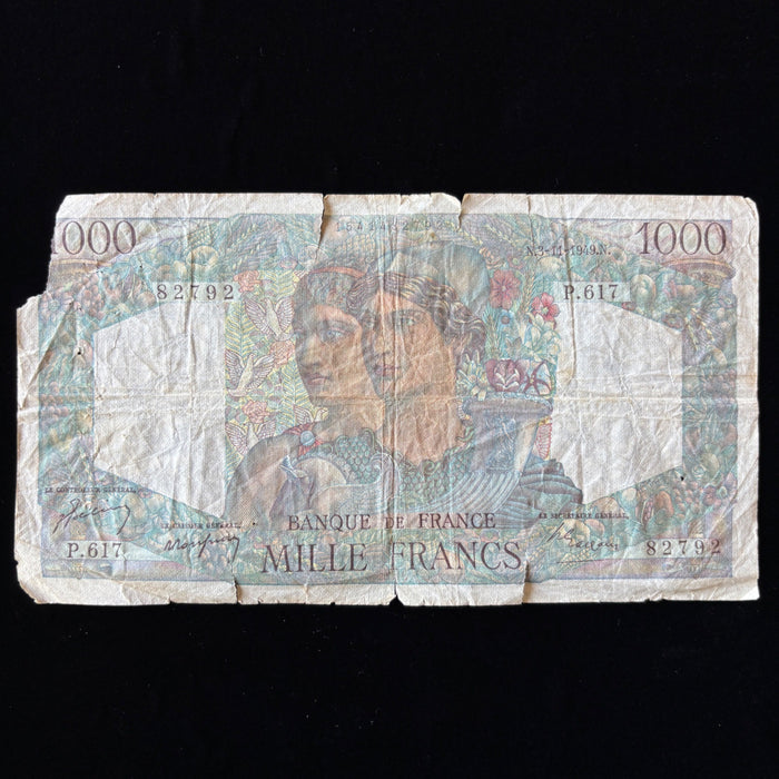 Vintage Banknote 1949 France 1000 Francs Minerve et Hercule Watermark Toploader